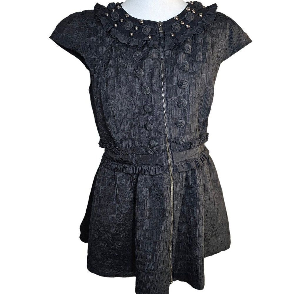 Forever 21 Blouse Top Womens Size M Black Decorative Bib Tunic Zip Front